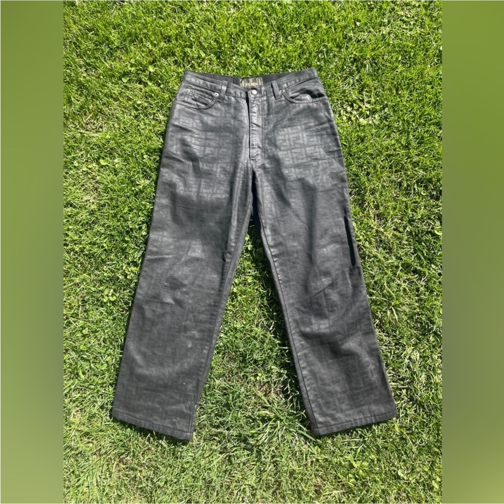 90s Vintage Fendi Black Waxed Monogrammed Zucca Print Jeans